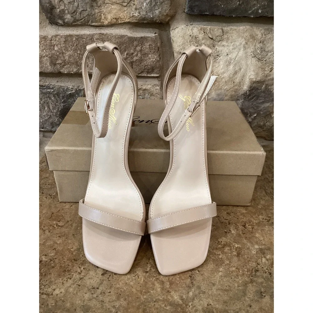 Genshuo Size 7.5 Nude Matte Ankle Strap Stiletto Heels Square Toe Sandals New